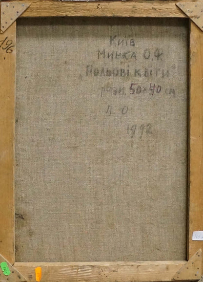 Back of Alexander Mynka oil painting Still life with wildflowers, faded ink on linen