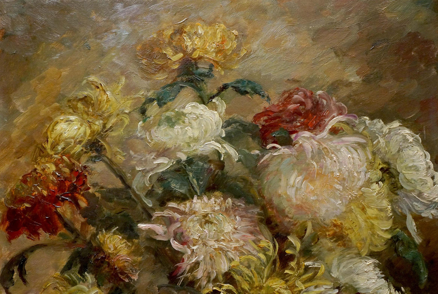 Oil painting of vibrant chrysanthemums by M. Eberhard