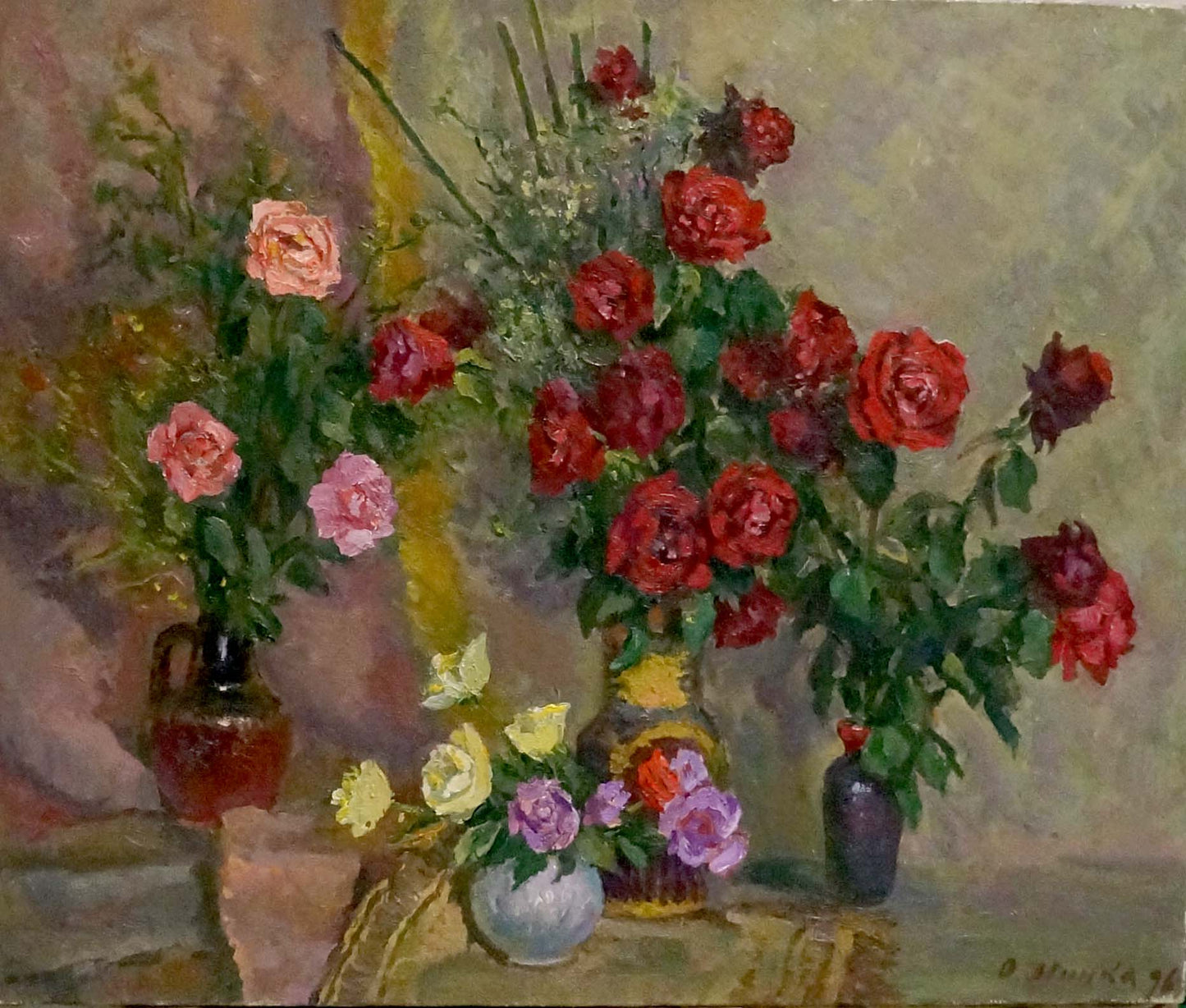 Oil painting of vibrant red pink yellow roses in ornate yellow vase by Mynka Alexander Fedorovich