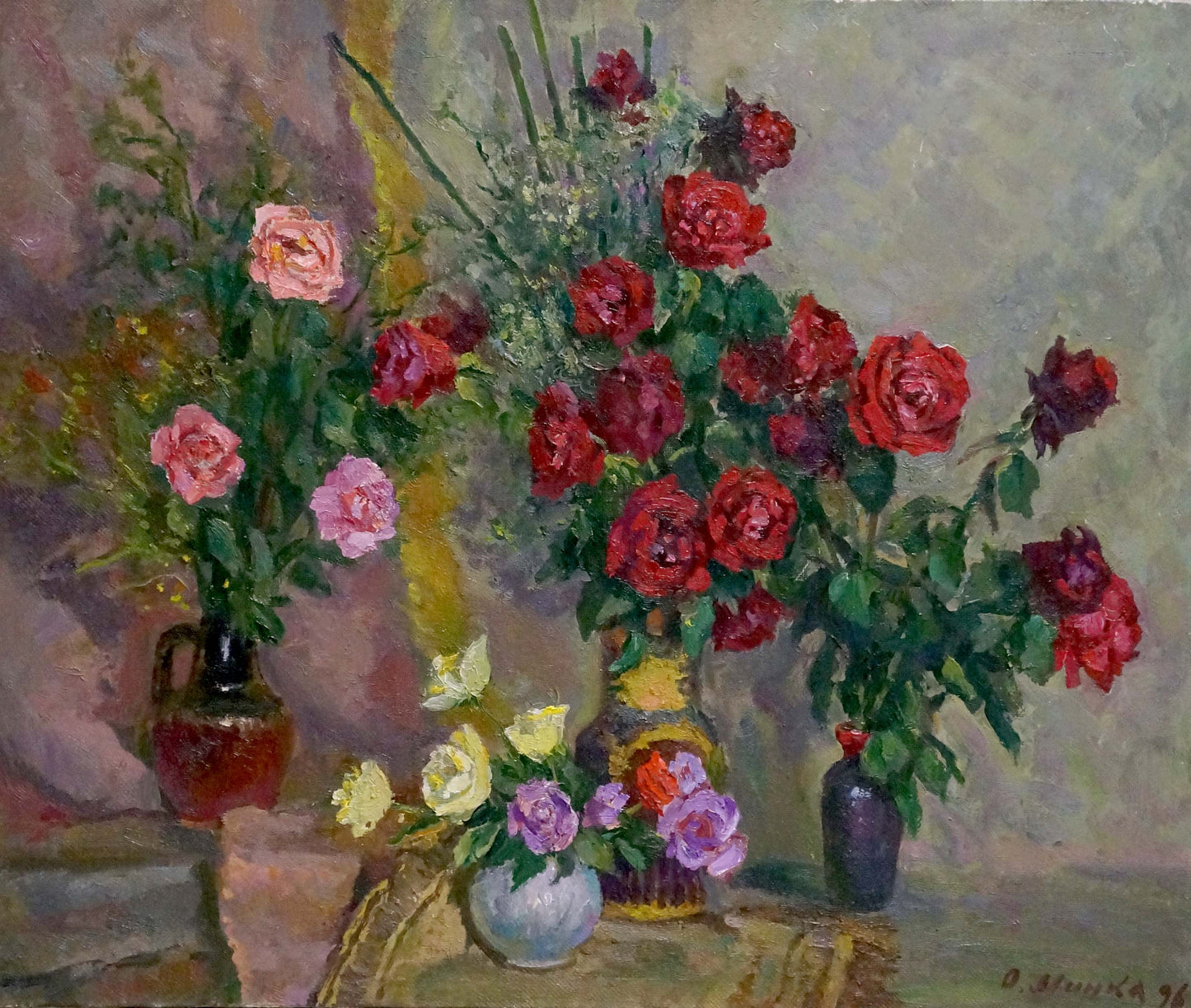 Oil painting of vibrant red pink roses in yellow ceramic vase by Mynka Alexander Fedorovich