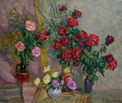 Oil painting of vibrant red pink roses in yellow ceramic vase by Mynka Alexander Fedorovich