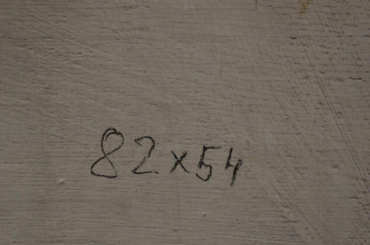 Back of Oil painting Flowers M. Eberhard with 82x54 inch marker notation on gray concrete