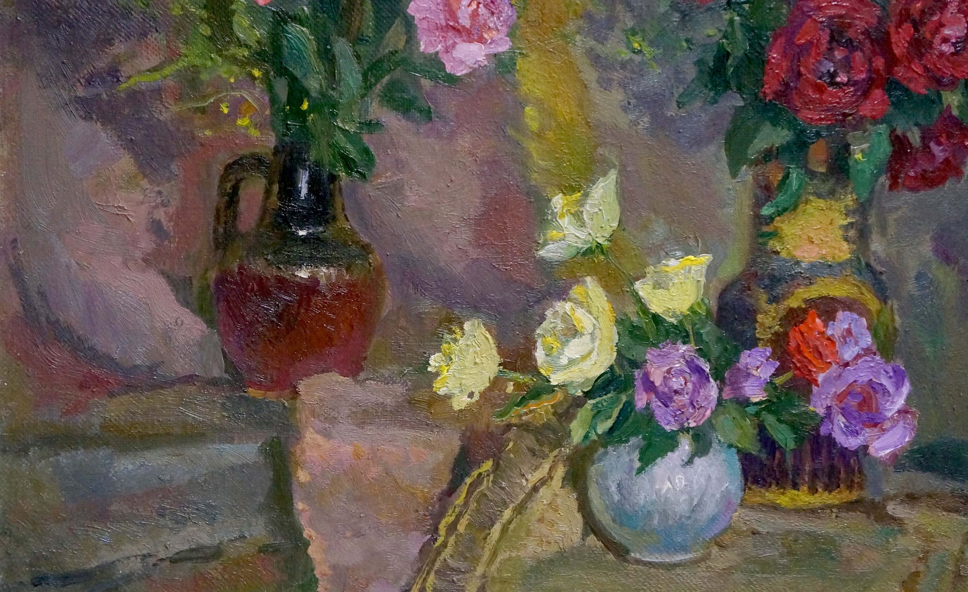 Oil painting Roses Mynka Alexander Fedorovich in rustic dark-brown ceramic jug