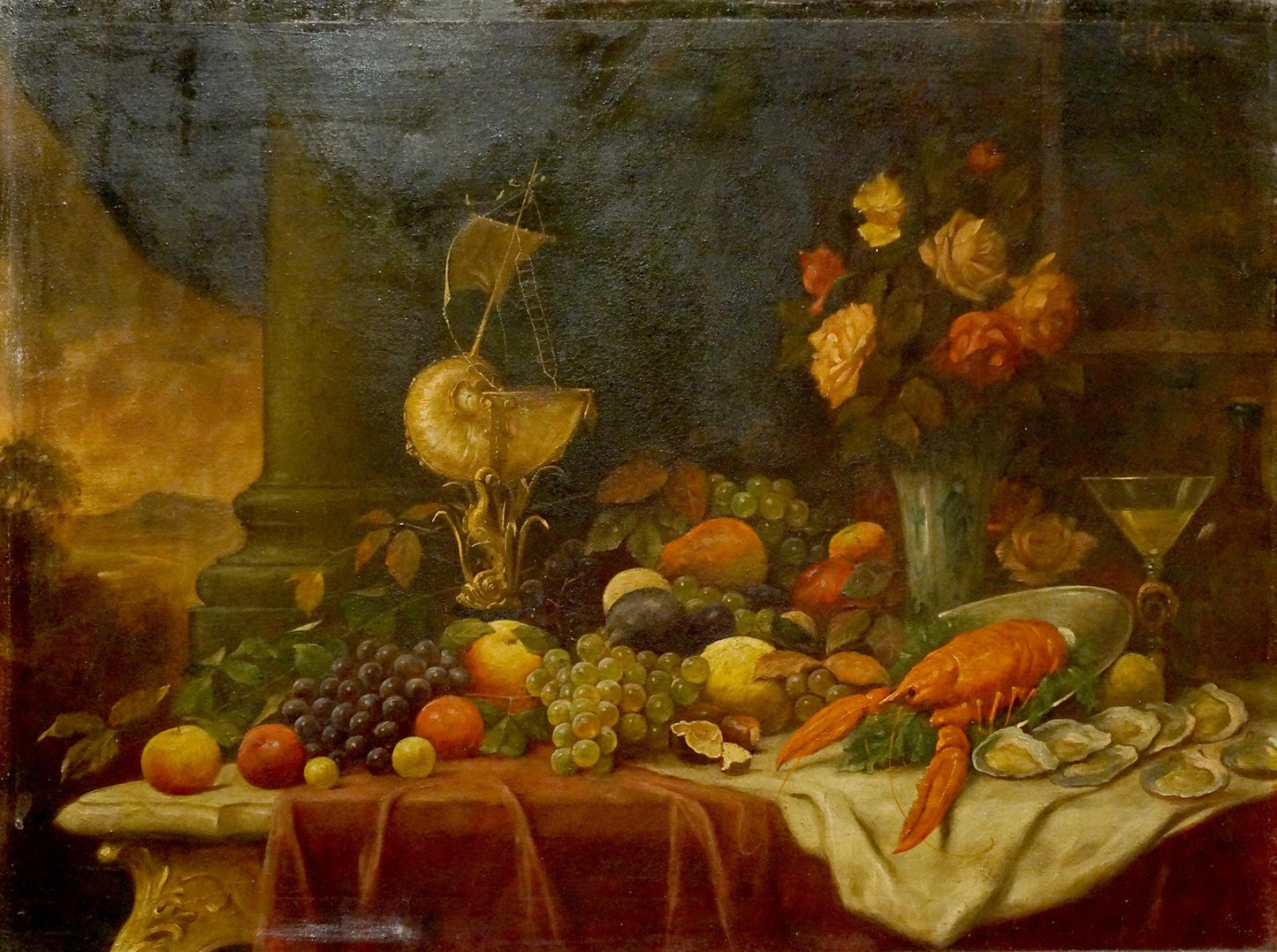 Golden ornate sailing ship model on table in oil painting with grapes