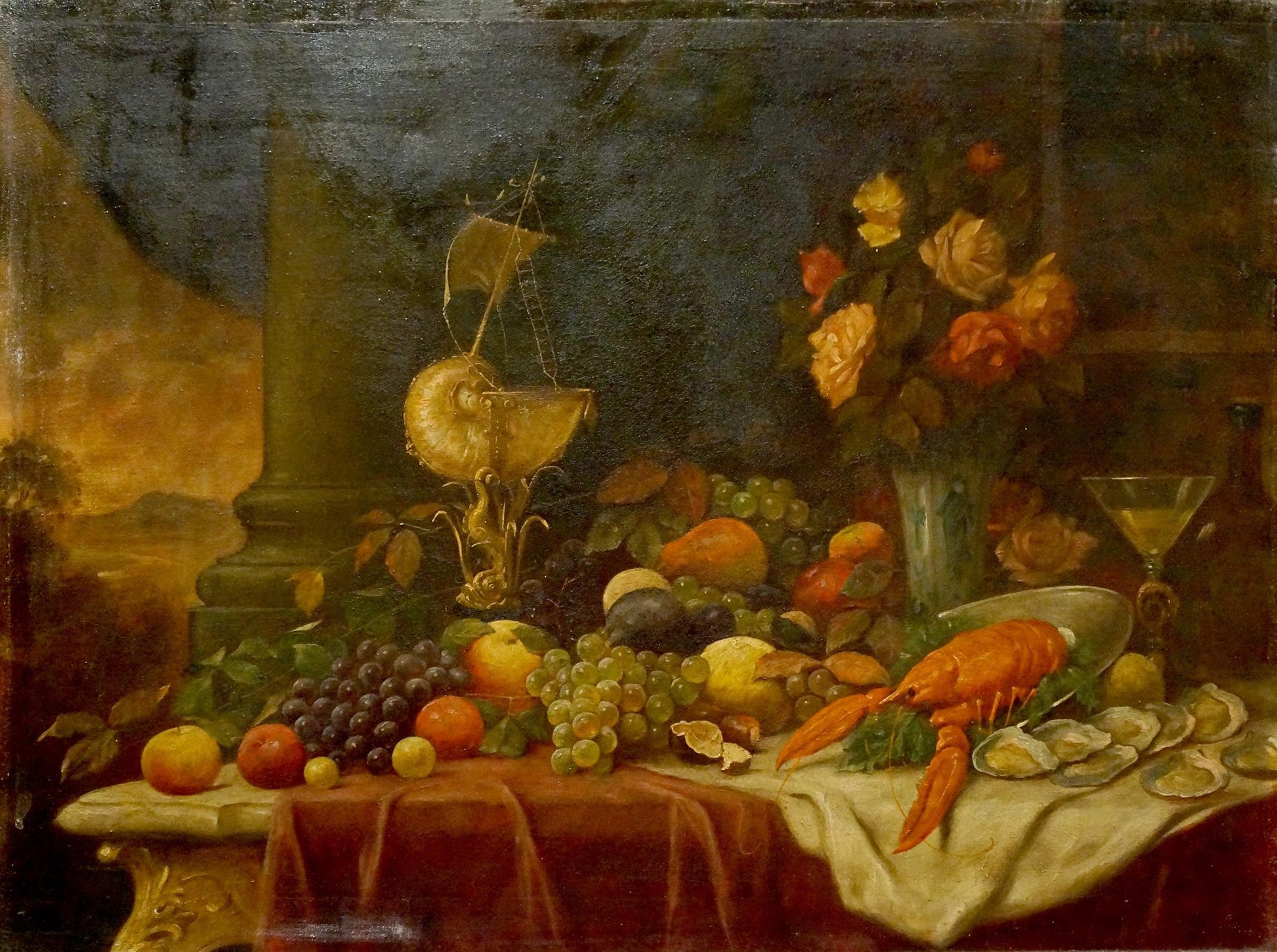 Golden ornate sailing ship model on table in oil painting with grapes