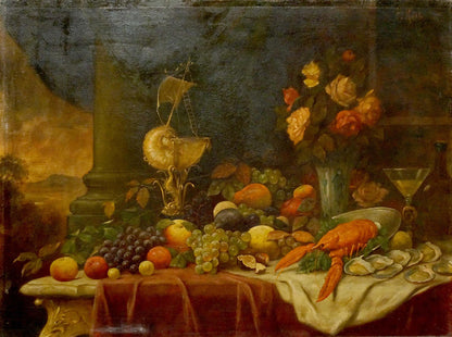 Golden ornate sailing ship model on table in oil painting with grapes