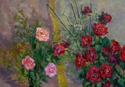 Oil painting Roses by Mynka Alexander Fedorovich, vibrant red and pink roses