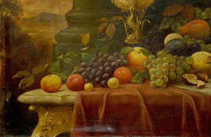 Oil painting of crimson velvet tablecloth with grapes and fruit on gilded table
