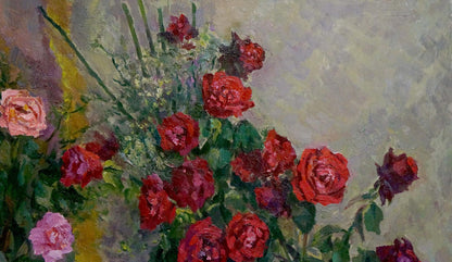 Oil painting Roses by Mynka Alexander Fedorovich, impressionistic red pink roses