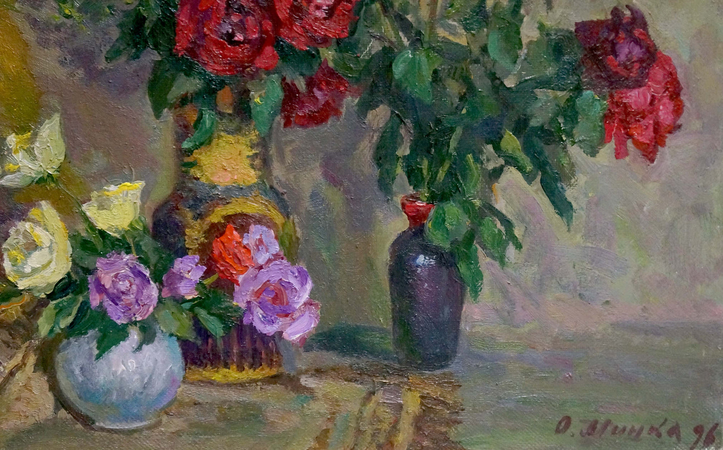Oil painting Roses by Mynka Alexander Fedorovich with ornate vases and roses