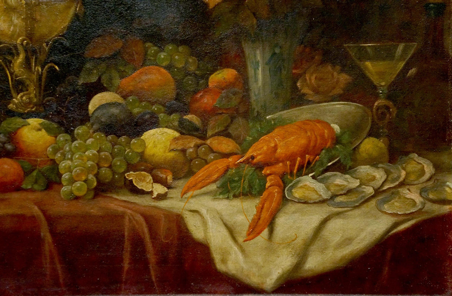 Oil painting of vibrant orange lobster, oysters, grapes on white cloth