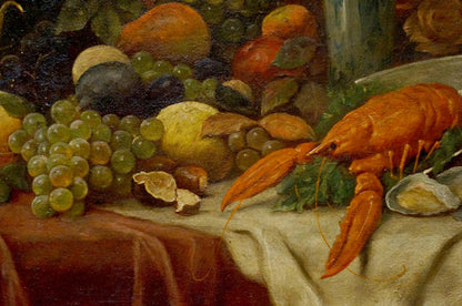 Oil painting of vibrant orange lobster and grapes on table