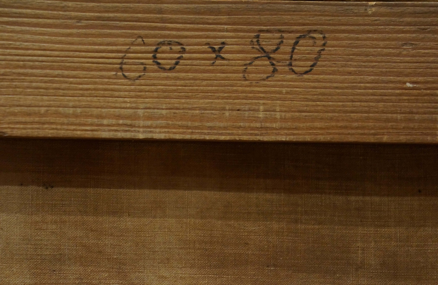 Back of 60 x 80 oil painting Food on the table with grapes, hand-written label on wooden frame