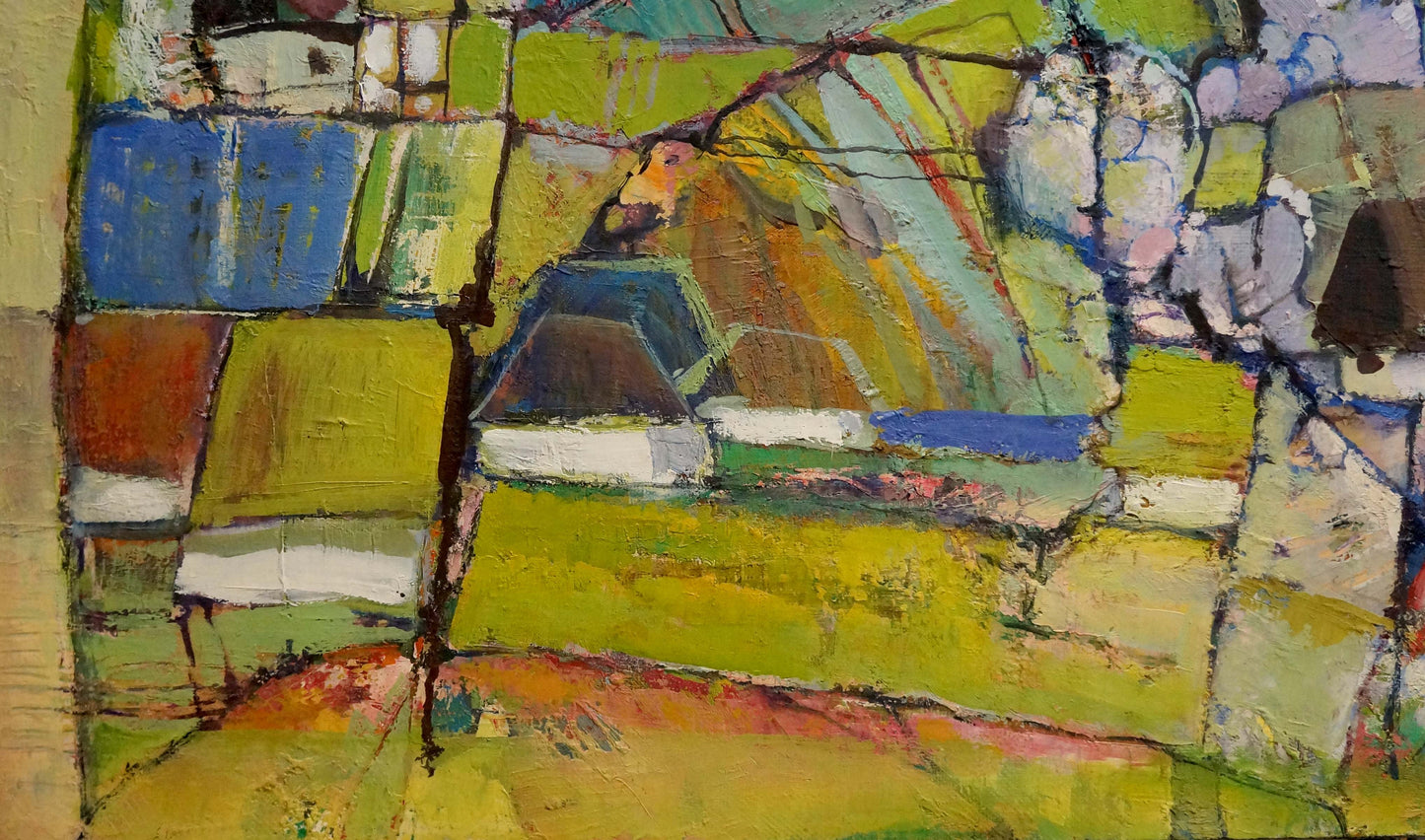 Oil painting April by Igor Grigoryevich Skorupsky, abstract green blue yellow blocks