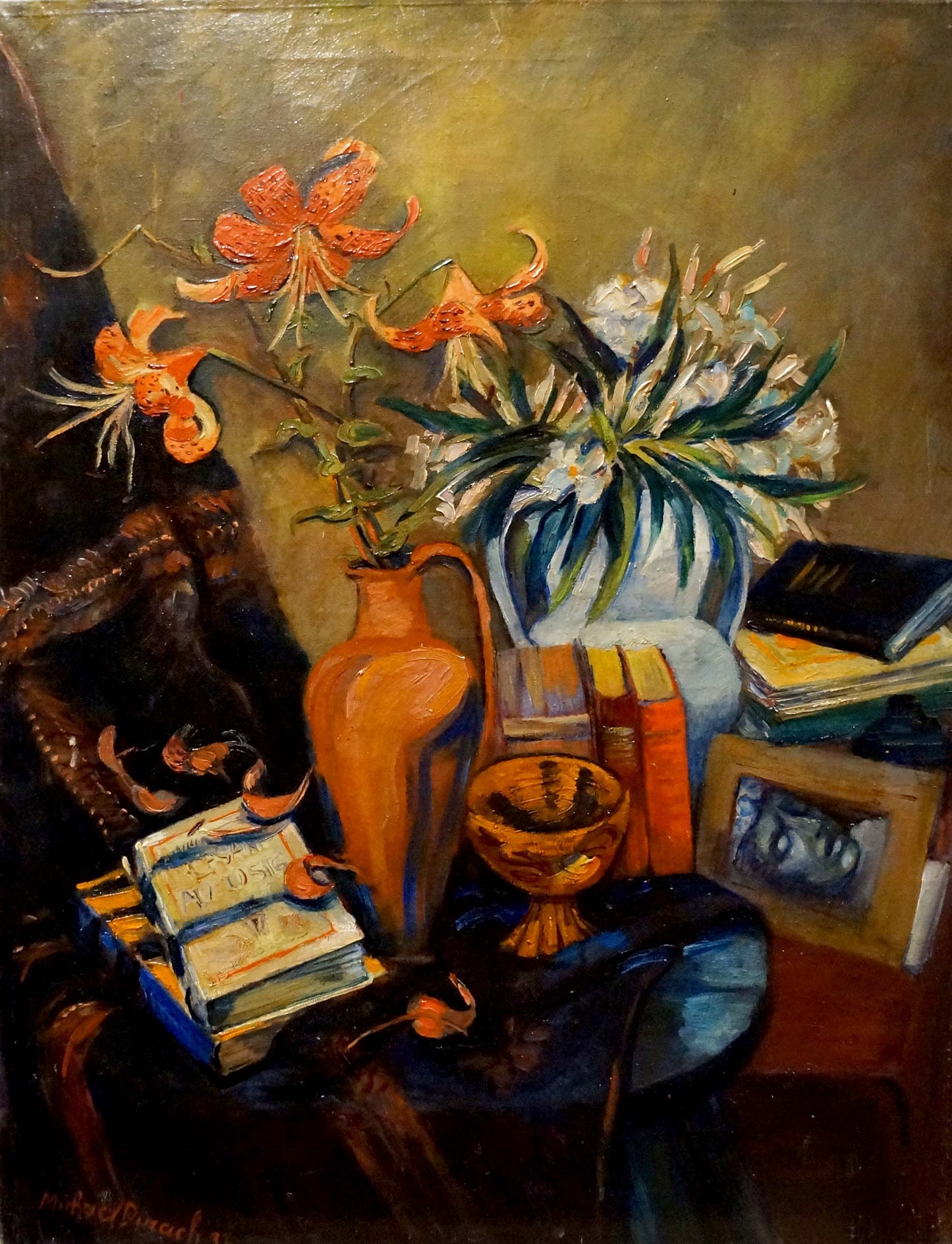 Oil painting by Michael Durach: terracotta pitcher with orange lilies and white flowers