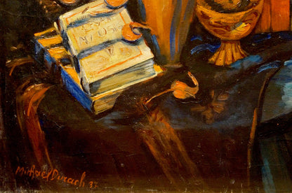 Oil painting of stack of books with cream covers and blue spines by Michael Durach
