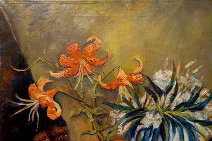 Oil painting of orange lilies with spots, white stamens and books by Michael Durach