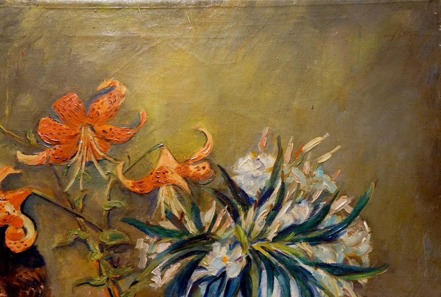 Oil painting Still life with books by Michael Durach: orange lilies, white flowers