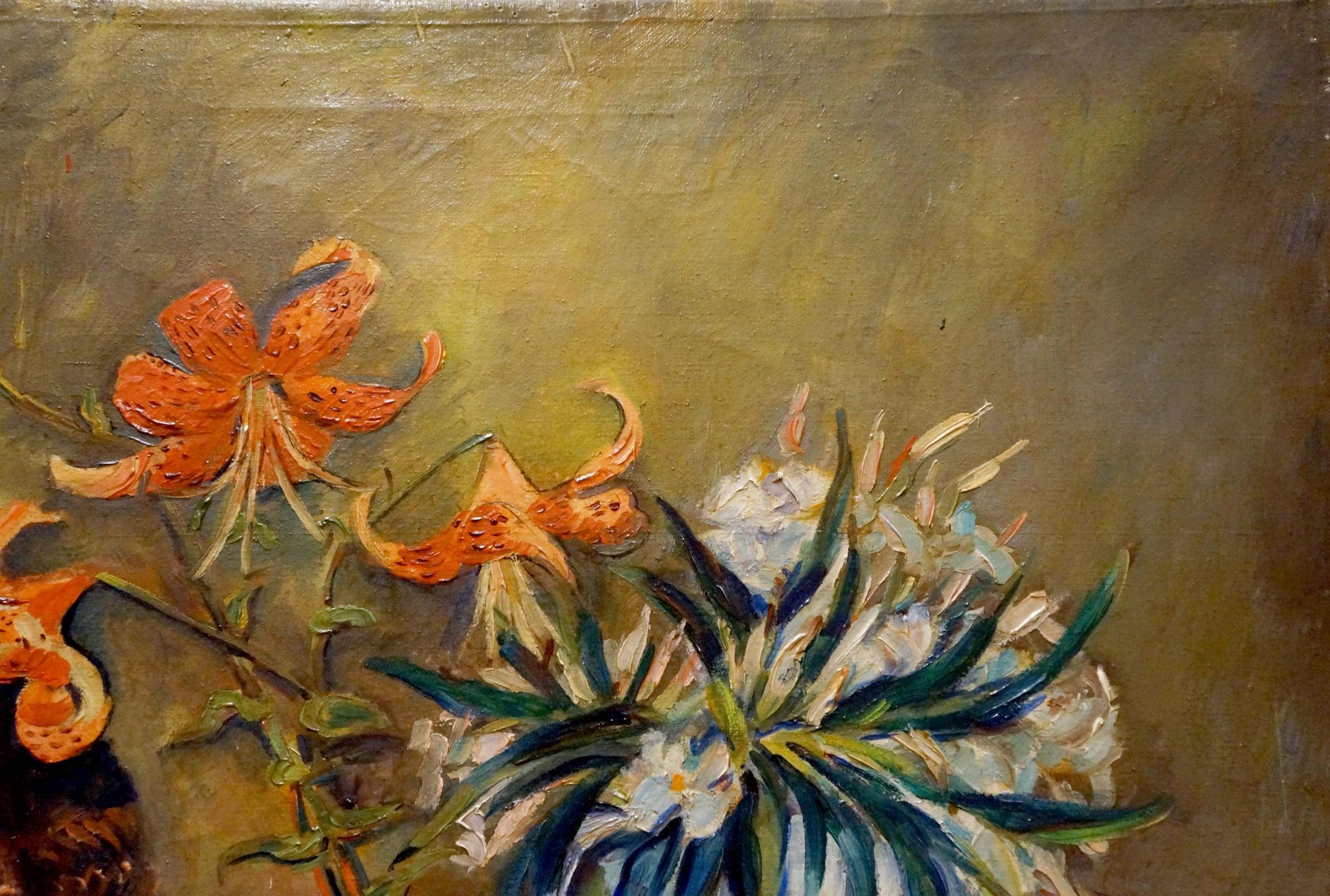Oil painting Still life with books by Michael Durach: orange lilies, white flowers