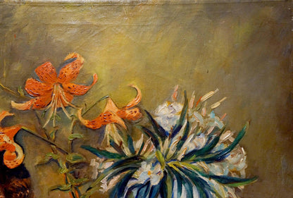 Oil painting Still life with books by Michael Durach: orange lilies, white flowers