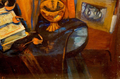 Oil painting by Michael Durach: golden ornate bowl on dark surface
