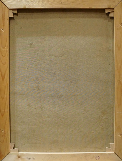 Back of Michael Durach oil painting Still life with books, wooden frame
