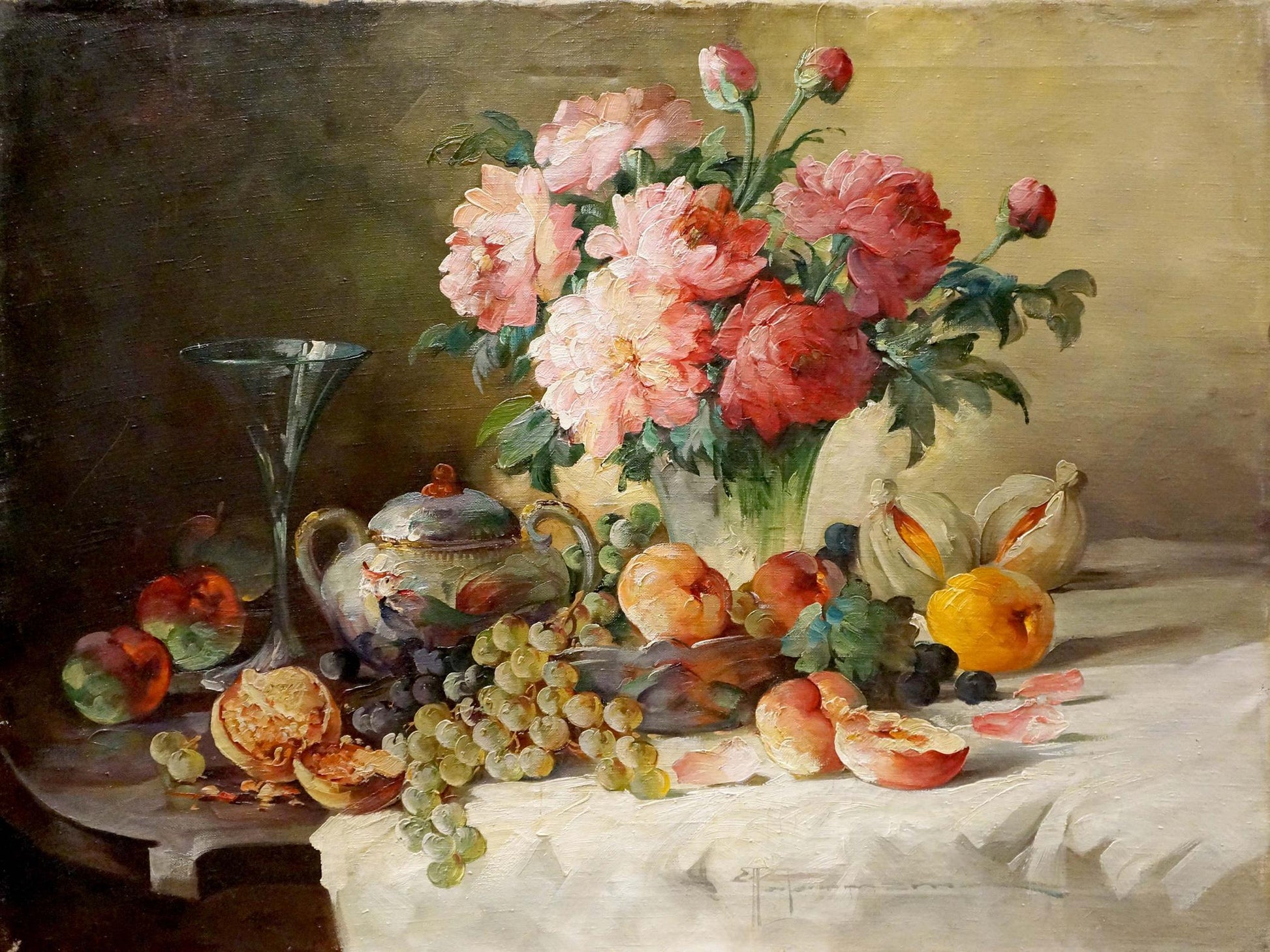 Oil painting of vibrant pink red peonies in glass vase by Arnaldo Casella Tamburini