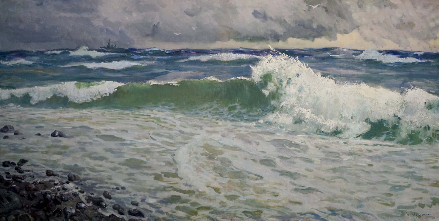 Oil painting by Petr Sulimenko: stormy waves crashing on rocky shore