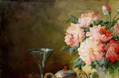 Vibrant pink red peonies oil painting by Arnaldo Casella Tamburini