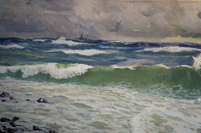 Stormy ocean waves crashing on rocky shore oil painting by Petr Sulimenko