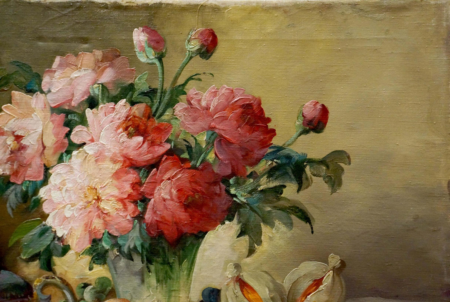 Vibrant pink red peonies oil painting by Arnaldo Casella Tamburini
