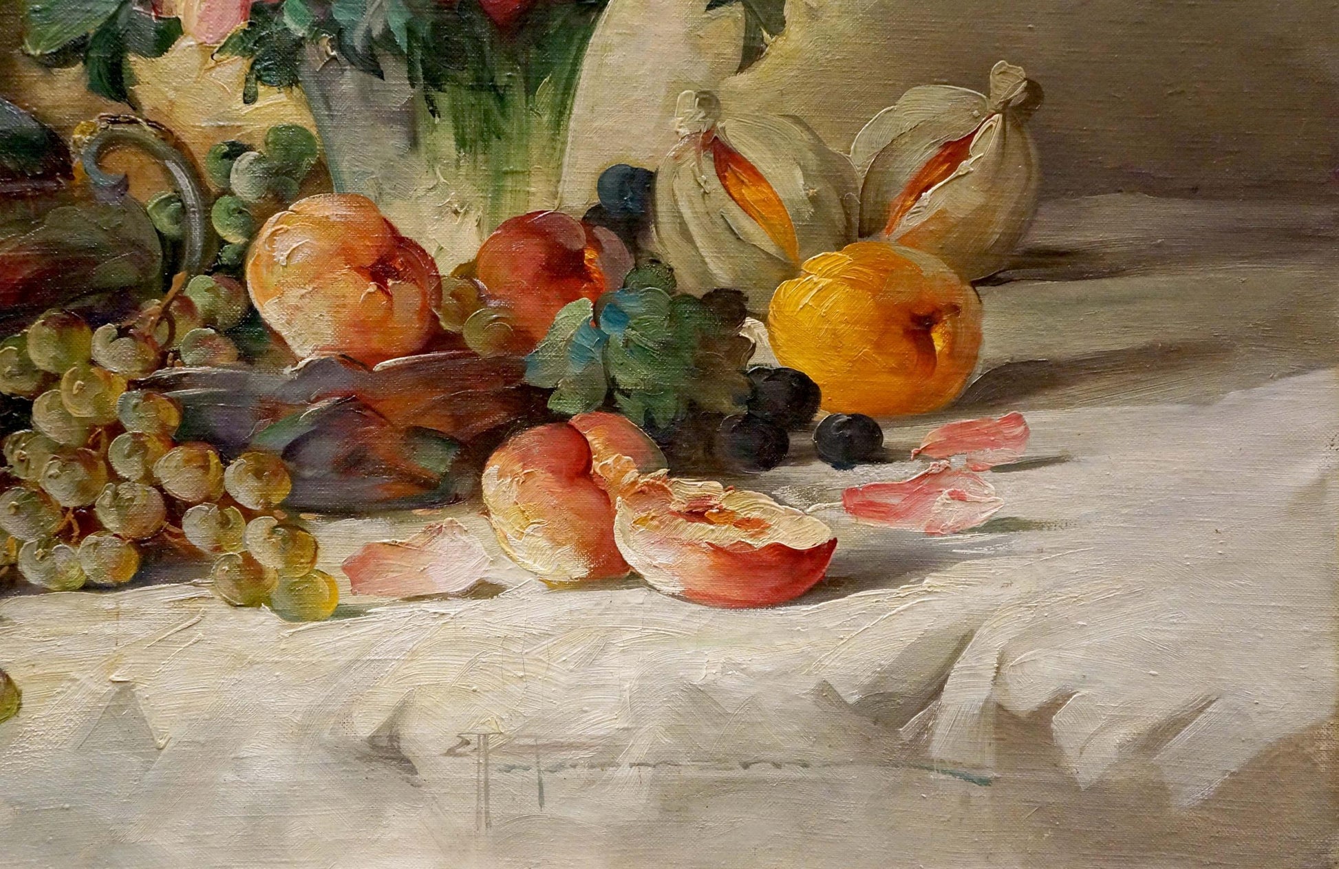 Oil painting Still life with fruit by Arnaldo Casella Tamburini: peaches, grapes, blueberries