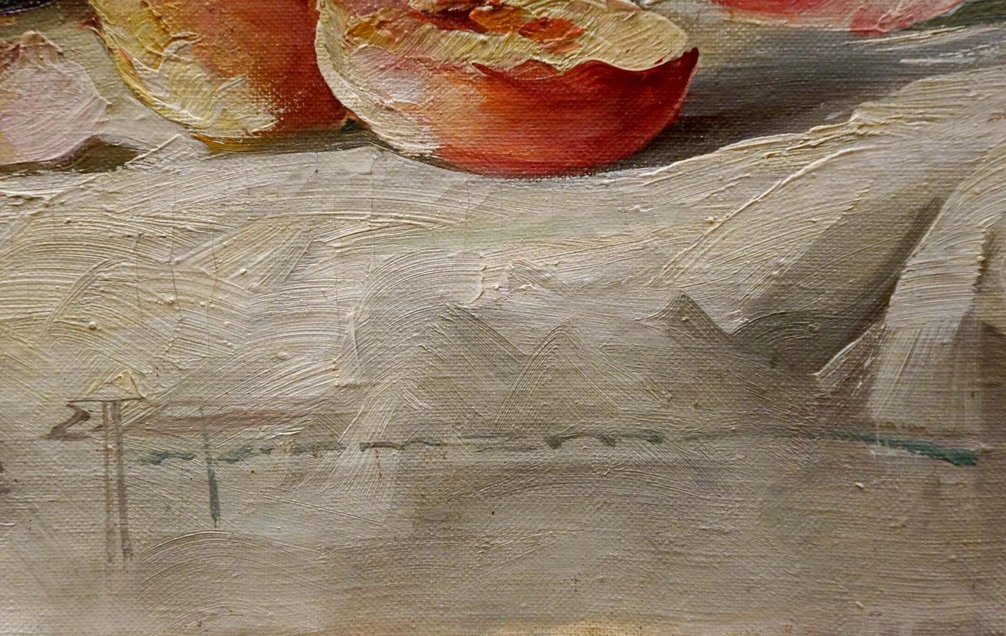 Oil painting of half-peeled peach by Arnaldo Casella Tamburini