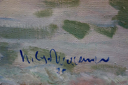Blue ink signature of artist H on back of Petr Sulimenko seascape oil painting