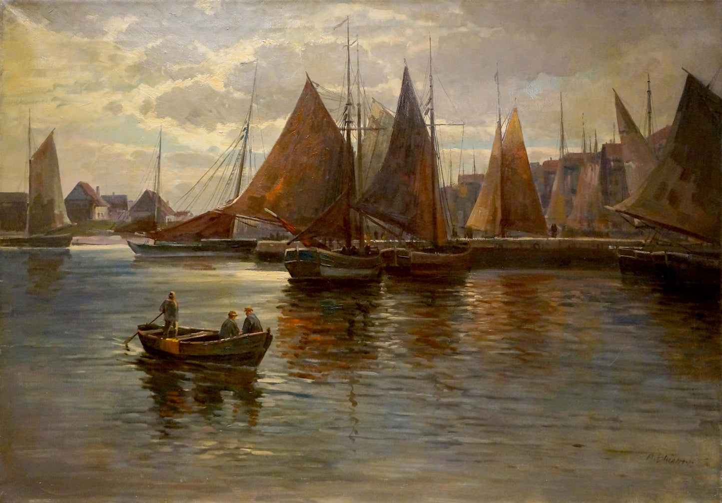 A painting depicting a harbor scene with numerous sailboats featuring brown and orange sails, moored in calm water under an overcast sky.