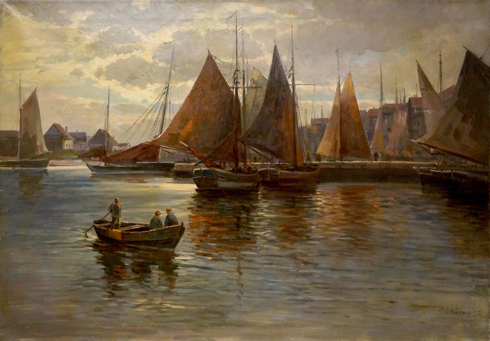 A painting depicting a harbor scene with numerous sailboats featuring brown and orange sails, moored in calm water under an overcast sky.