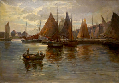 A painting depicting a harbor scene with numerous sailboats featuring brown and orange sails, moored in calm water under an overcast sky.