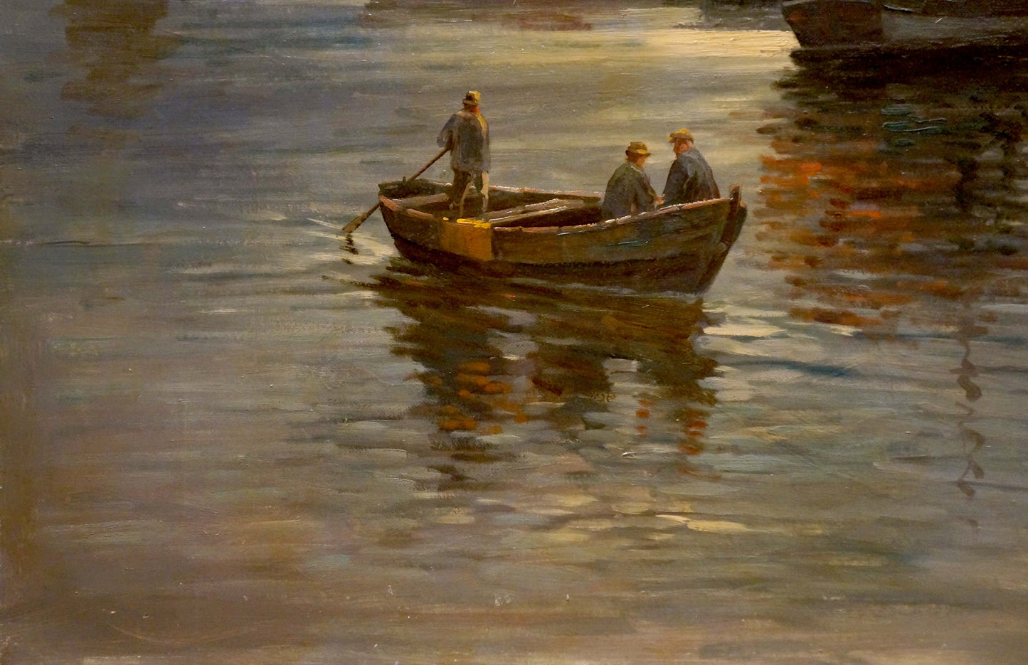 Oil painting by Albert Blatter: weathered rowboat with yellow interior, three men on calm river
