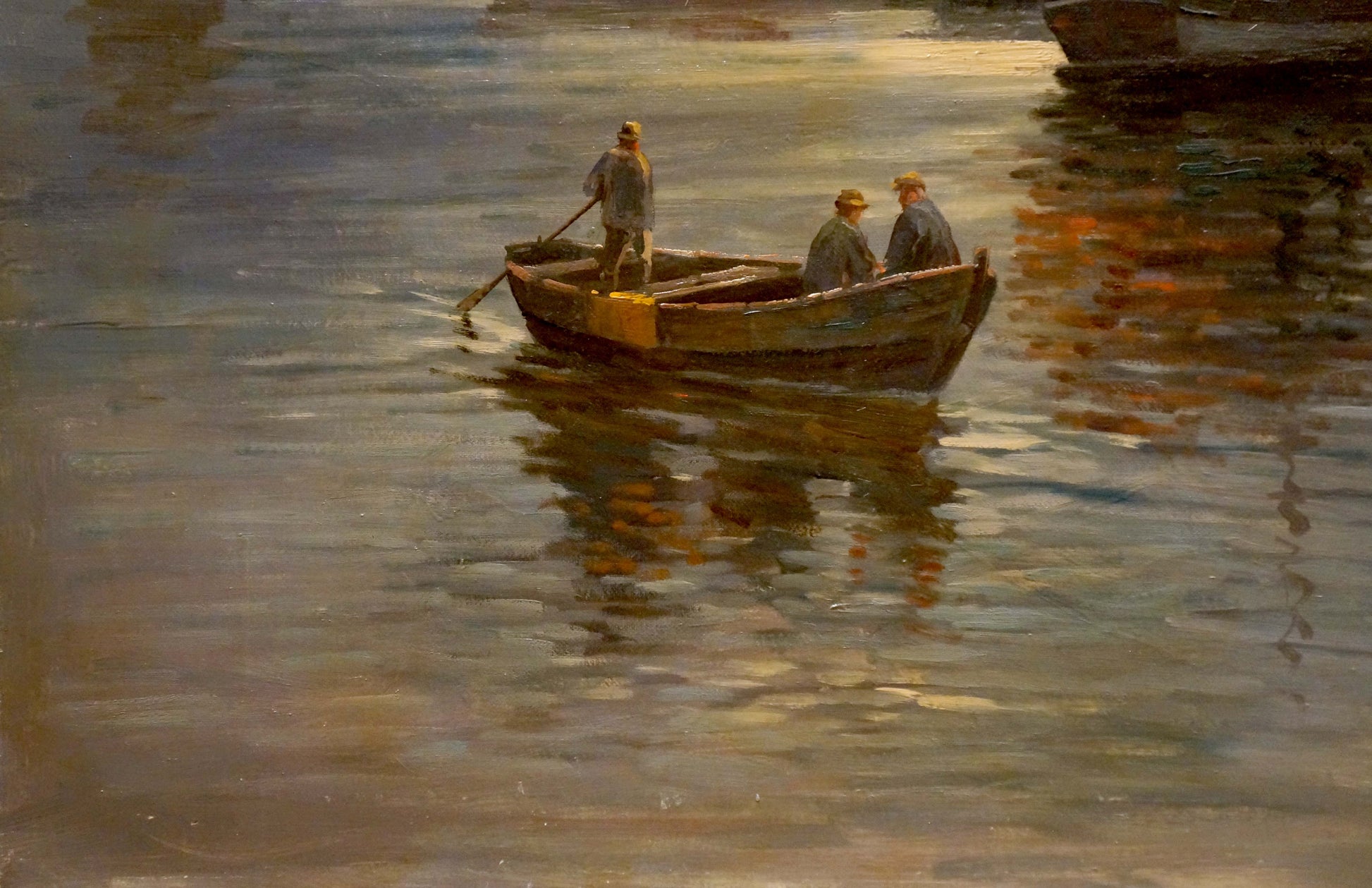 Oil painting by Albert Blatter: weathered rowboat with yellow interior, three men on calm river