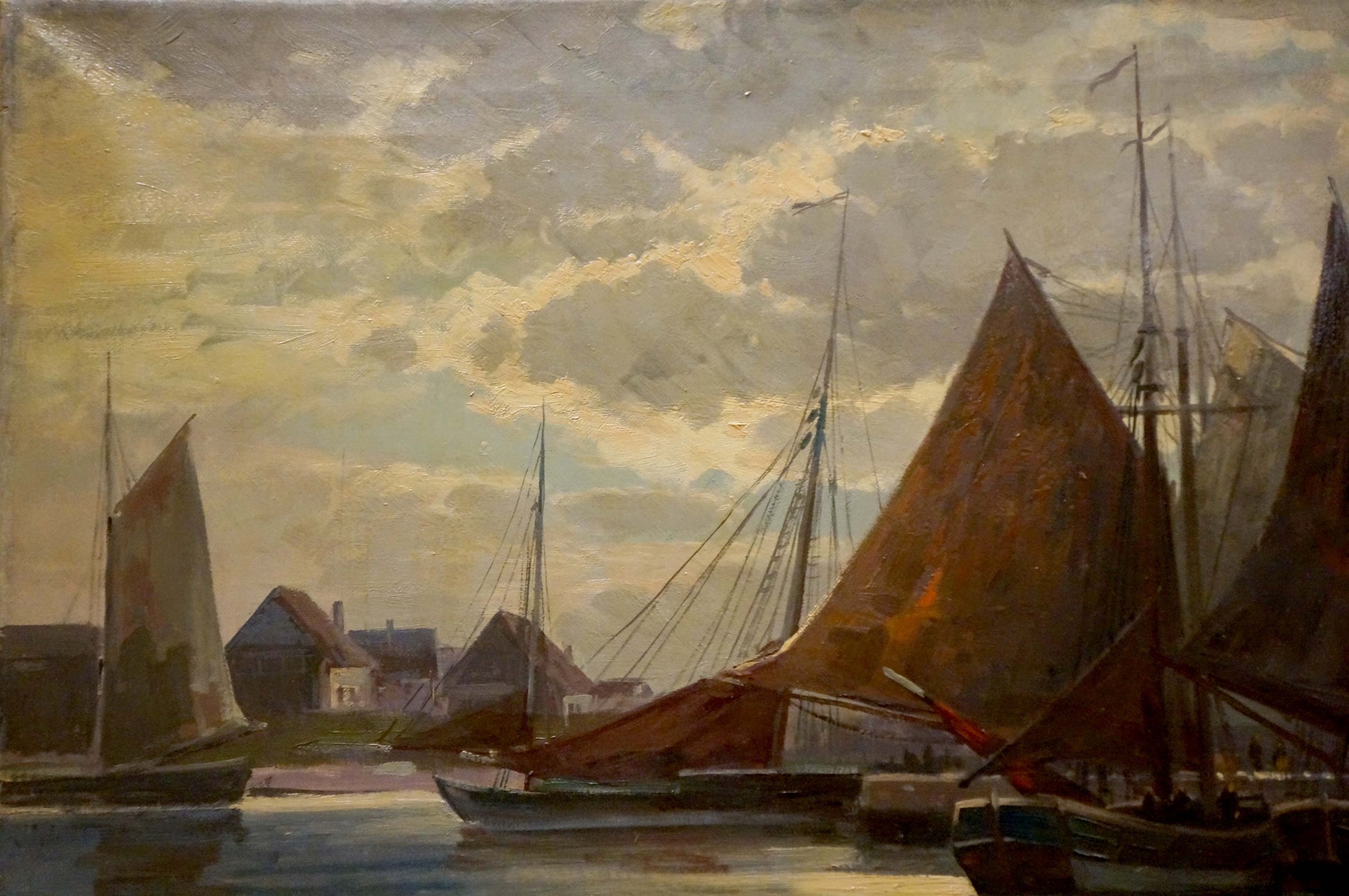 Oil painting by Albert Blatter: sailboats with brown sails in harbor