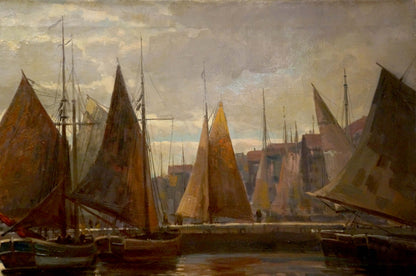 Oil painting by Albert Blatter: harbor with sailboats in brown, orange, yellow