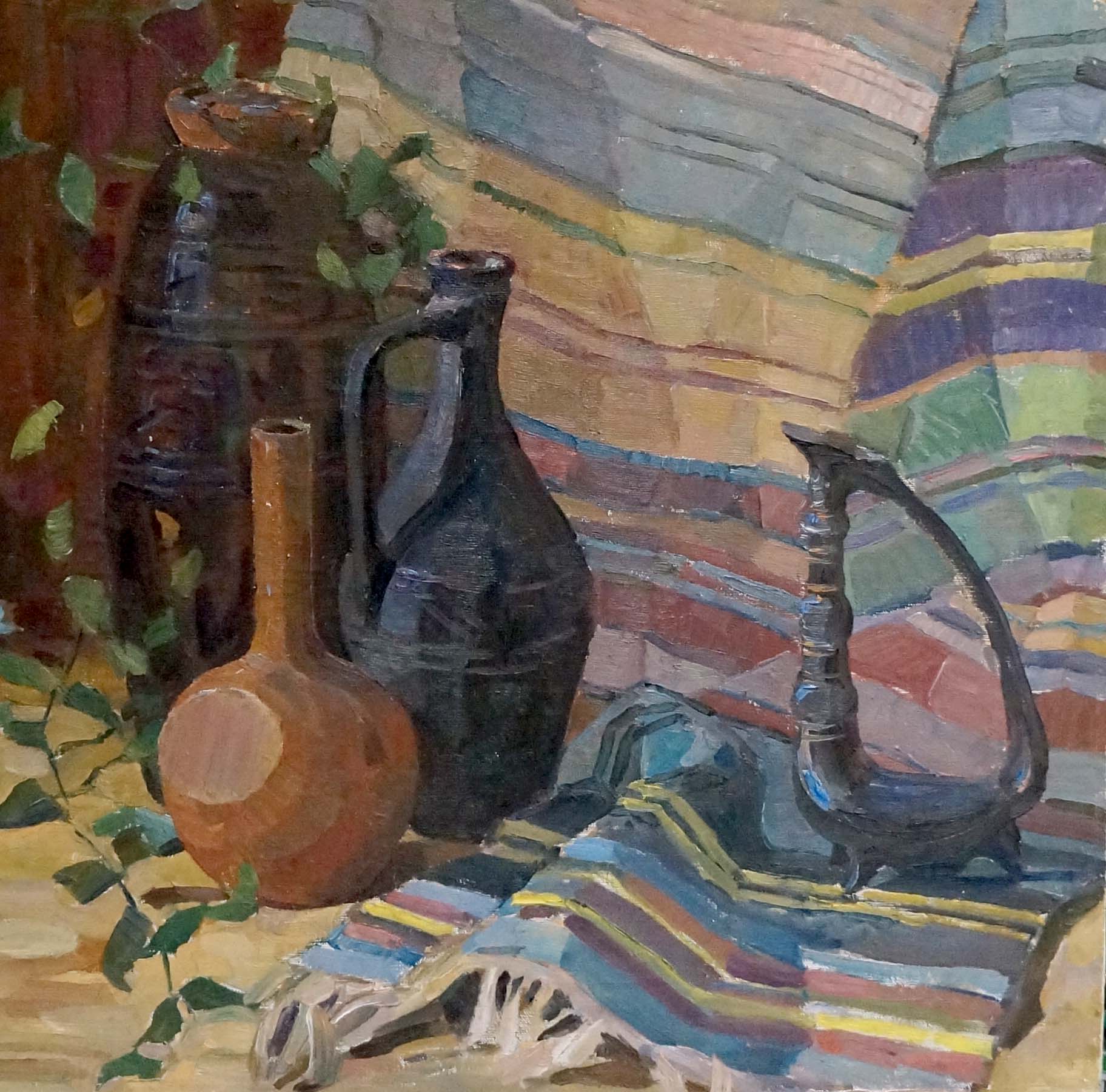 Oil painting of earthenware jug on striped cloth by Afanasiev Nikolay Grigorievich