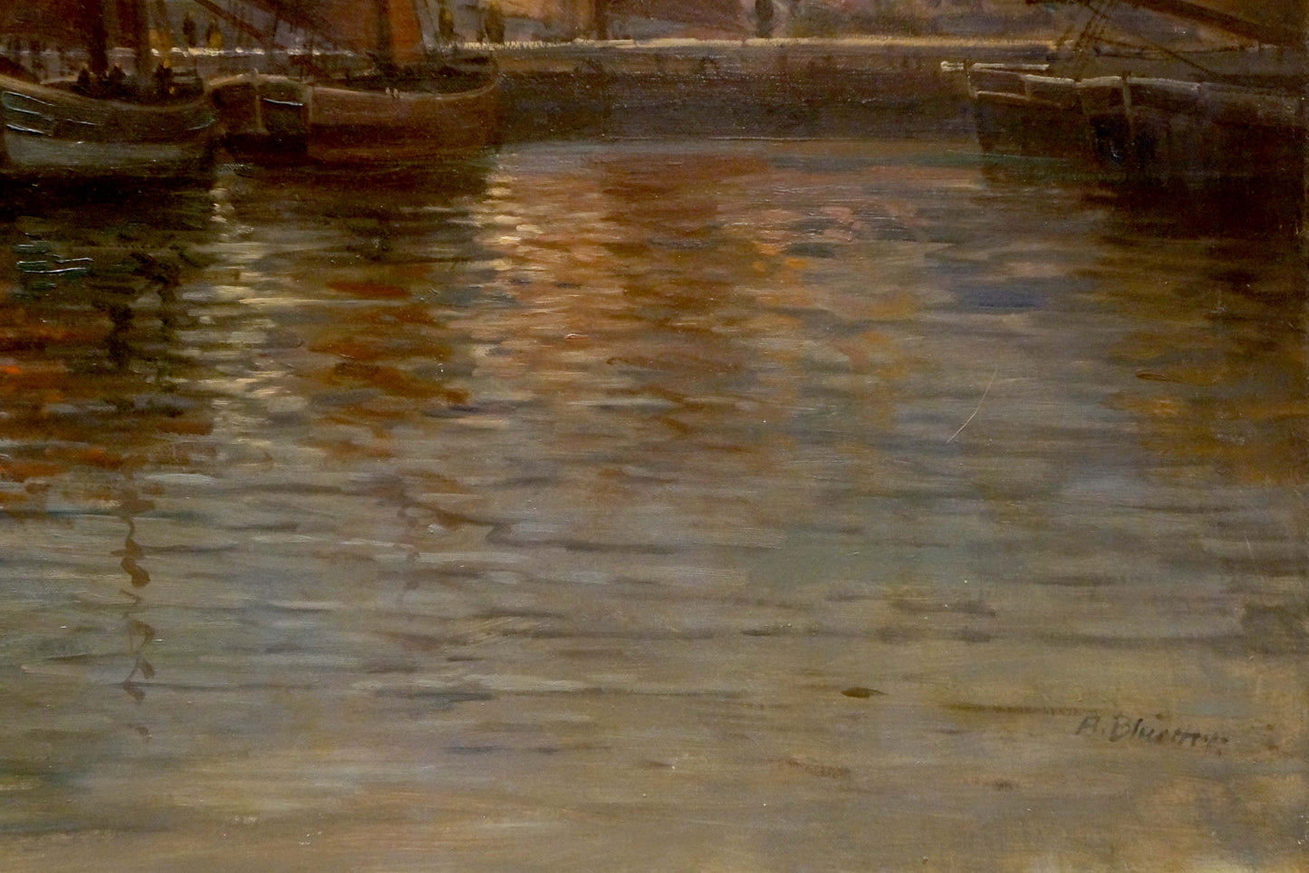 Serene impressionistic oil painting of harbor by Albert Blatter