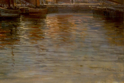 Serene impressionistic oil painting of harbor by Albert Blatter