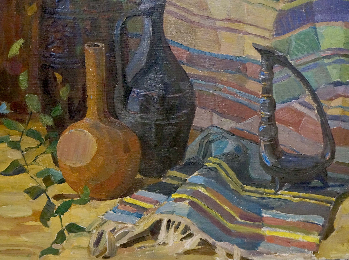 Oil painting of dark ceramic jug and orange earthenware vessel by Afanasiev on striped cloth