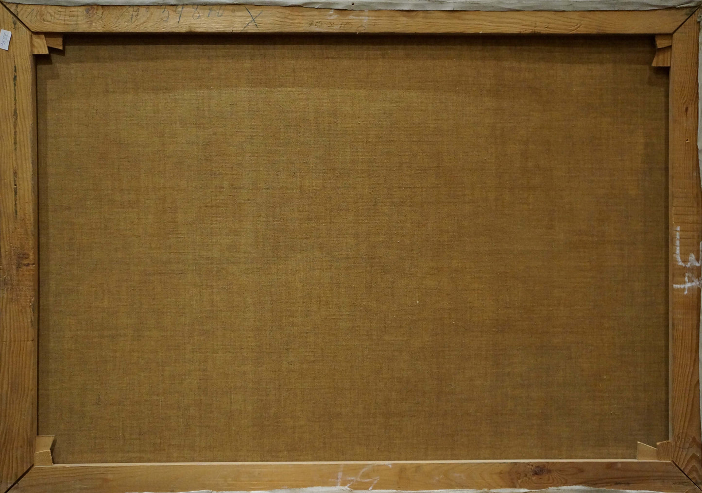 Back of Albert Blatter River Landscape oil painting canvas with tan fabric backing