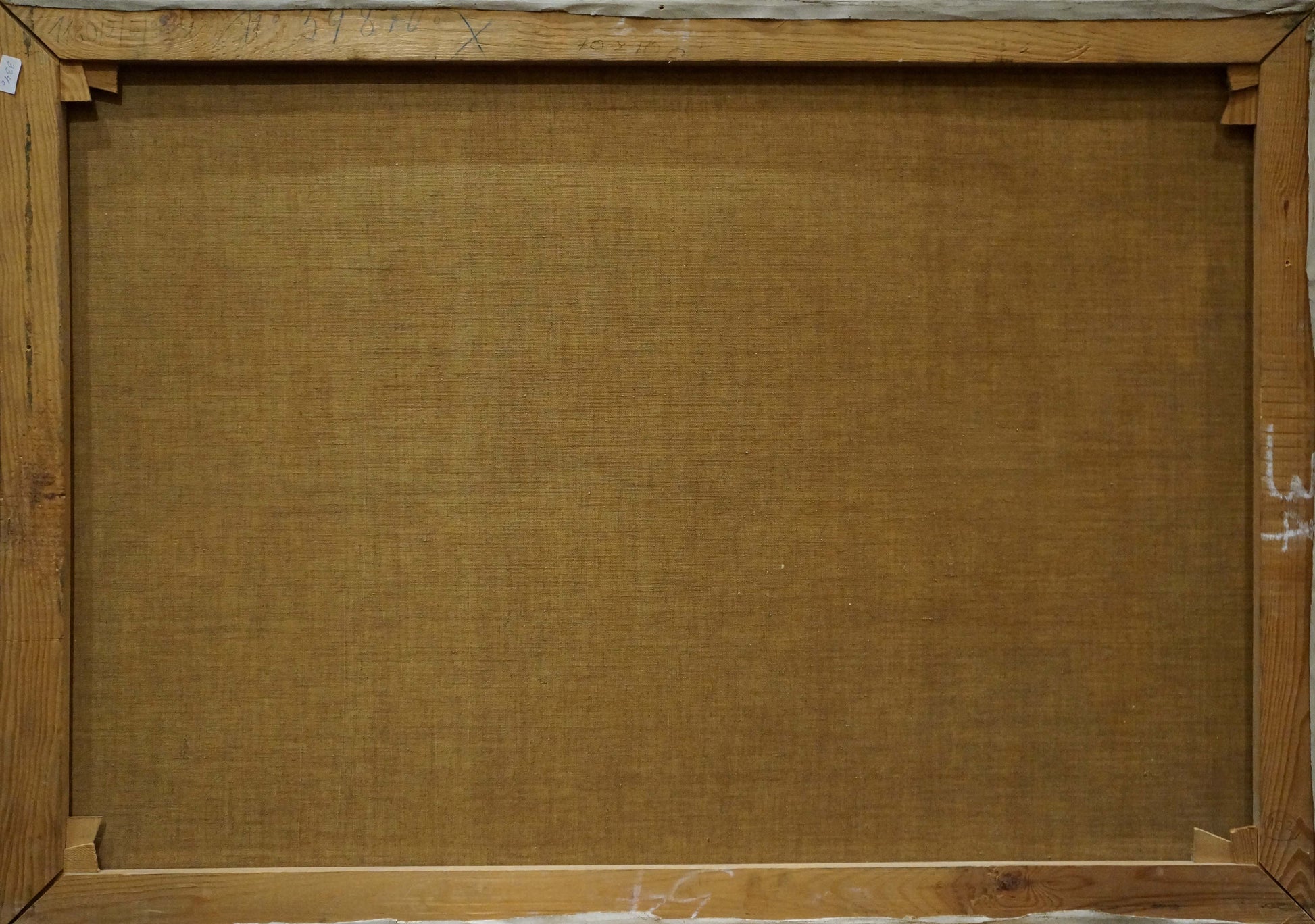 Back of Albert Blatter River Landscape oil painting canvas with tan fabric backing