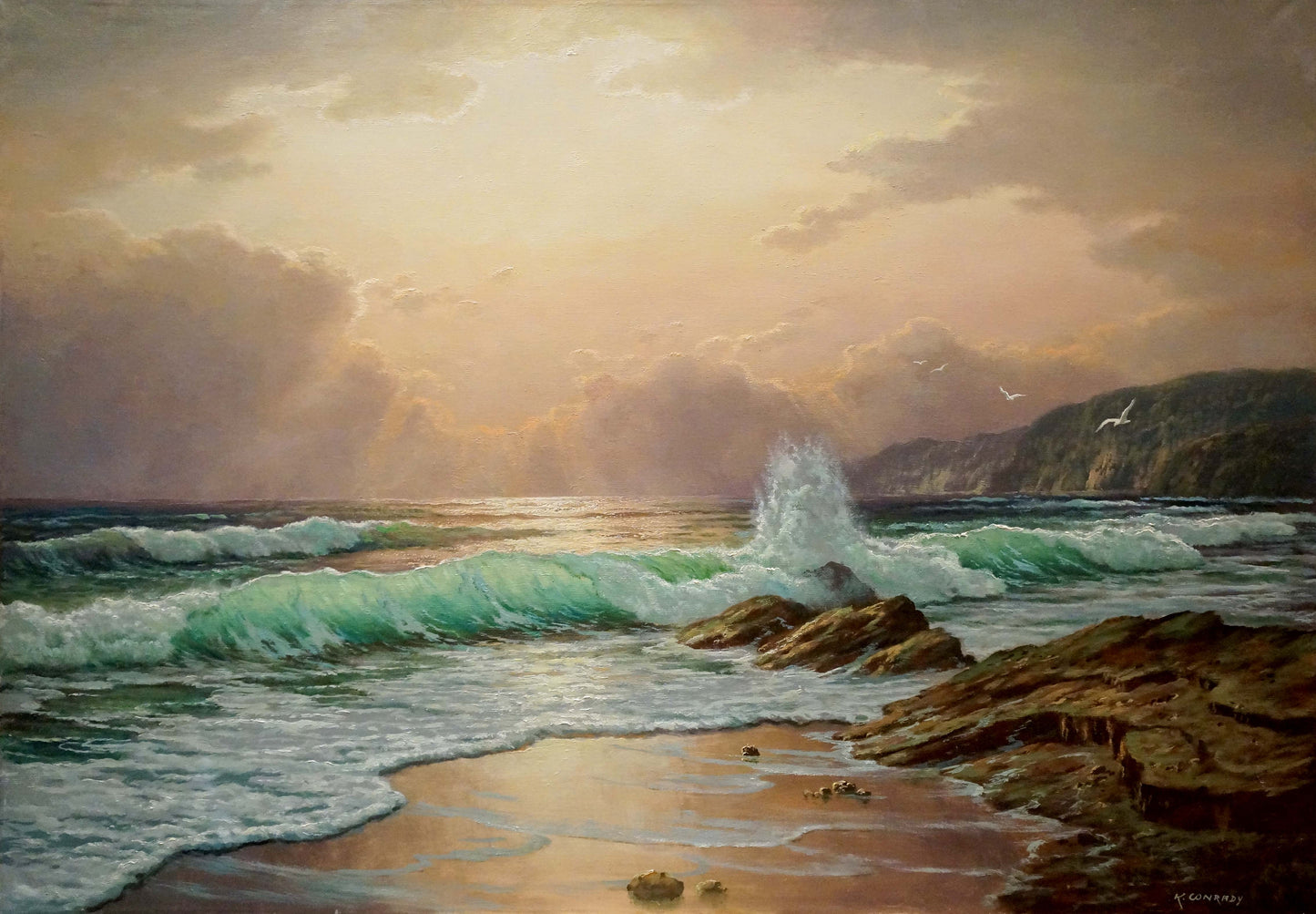 Oil painting The waves are beating against the shore K. Conradx with crashing waves on rocks