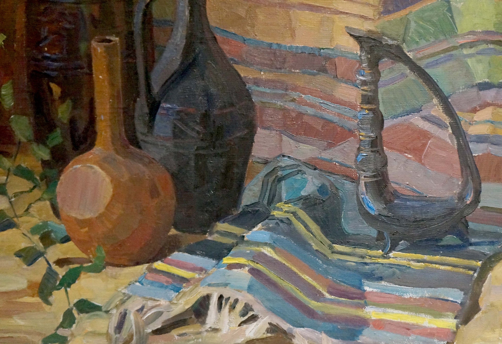 Oil painting of dark ceramic jug and orange terracotta vessel by Afanasiev on striped cloth