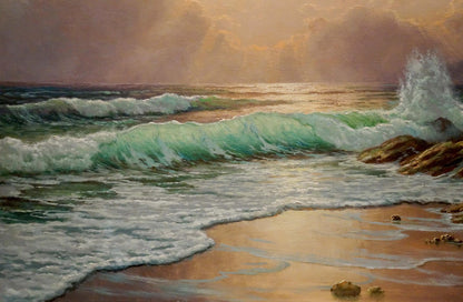 Oil painting of vibrant teal-green ocean wave crashing on sunlit shore by K. Conradx